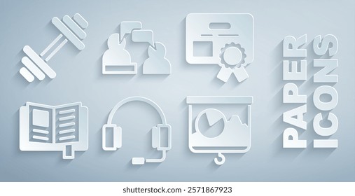Set Headphones, Certificate template, Reading book, Chalkboard with chart, Two sitting men talking and Dumbbell icon. Vector