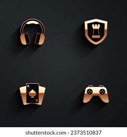 Set Headphones, Chess shield, Playing cards and Game controller or joystick icon with long shadow. Vector