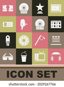 Set Headphones, Cinema auditorium with seats, Online play video, Movie trophy, Retro cinema camera, ticket, Stacks paper money cash and CD DVD disk icon. Vector