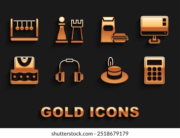 Set Headphones, Computer monitor screen, Calculator, Man hat, Waistcoat, Burger, Pendulum and Chess icon. Vector
