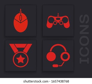 Set Headphones, Computer mouse gaming, Gamepad and Medal icon. Vector