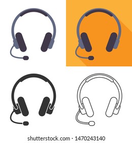 Set of headphones device icon in flat, simple black glyph and line styles. Customer service assistant symbol. Vector illustration isolated on white background.