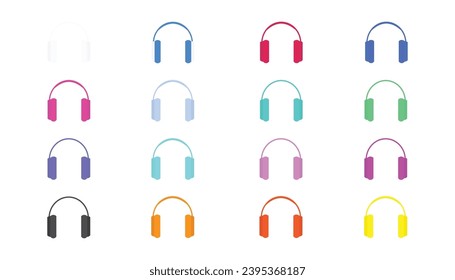 set of headphones in different colors isolated on white background