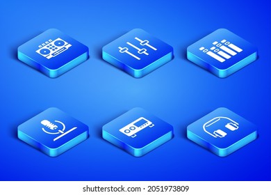 Set Headphones, DJ remote and mixing music, Guitar amplifier, Microphone, Music equalizer and  icon. Vector