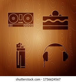 Set Headphones , DJ remote for playing and mixing music , Lighter  and Cake  on wooden background. Vector