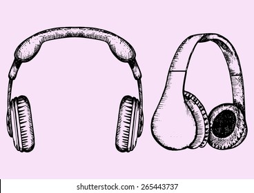 Set Of Headphones, Doodle Style, Sketch Illustration