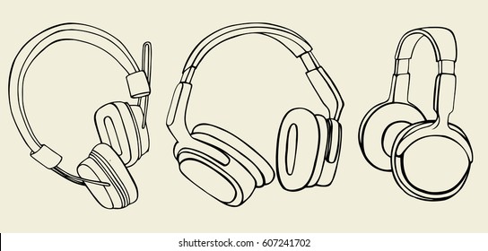 Set Of Headphones, Doodle Style, Sketch Illustration