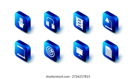 Conjunto de auriculares, cajón con documentos, lámpara de mesa, archivo, diagrama de pizarra, deporte objetivo, y cactus y suculento en el icono de olla. Vector
