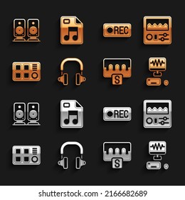 Set Headphones, Drum machine, Music recording studio, wave equalizer, Record button, Stereo speaker and MP3 file document icon. Vector