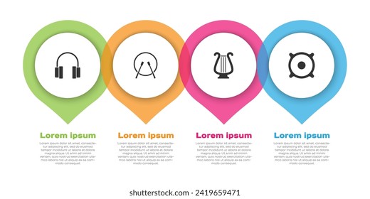 Set Headphones, Drum and drum sticks, Ancient lyre and Stereo speaker. Business infographic template. Vector