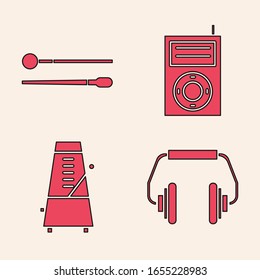 Set Headphones, Drum sticks, Music MP3 player and Metronome with pendulum in motion icon. Vector
