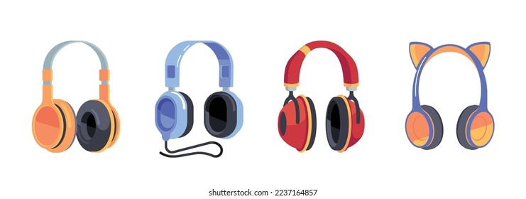 Set of Headphones, Earbuds Technology Accessory for Smartphone or Dj. Audio Equipment, Wired and Wireless Earphones for Music Listening. Isolated on White Background. Cartoon Vector Illustration