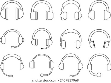 Juego de auriculares auriculares iconos estilos de contorno negro material editable para diseños de sitios web y aplicaciones de modo oscuro móvil en fondo transparente. altavoces de música para auriculares. Servicio al cliente.