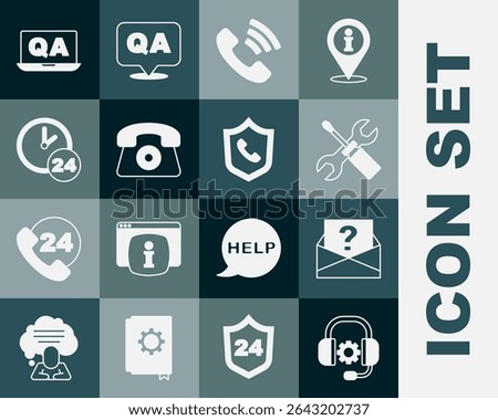 Set Headphones, Envelope with question mark, Screwdriver and wrench spanner, Telephone 24 hours support, Clock, Question Answer and  icon. Vector