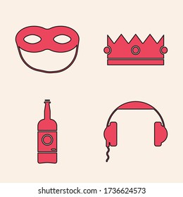Set Headphones , Festive mask , Crown  and Beer bottle  icon. Vector