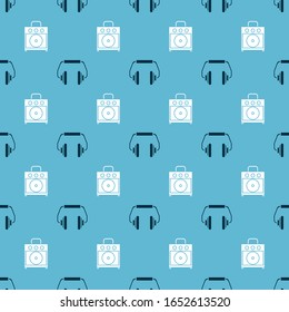 Set Headphones and Guitar amplifier on seamless pattern. Vector