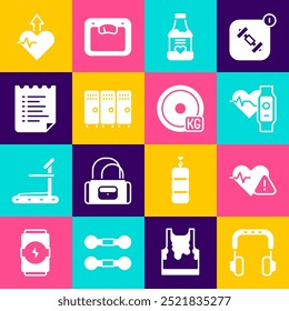 Definir auscultadores, frequência cardíaca, relógio inteligente com coração, vitaminas, armário ou vestiário, programa de treinamento esporte, aumento de batimento cardíaco e ícone de placa de peso. Vetor