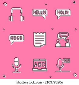 Set Headphones, Hello in different languages, Hola, Alphabet, Notebook, Two sitting men talking, Microphone voice device and Foreign online study icon. Vector