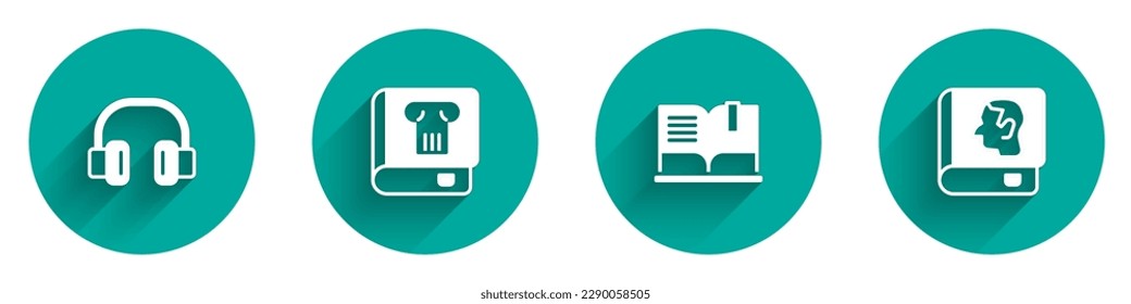 Set Headphones, History book, Open and Law icon with long shadow. Vector