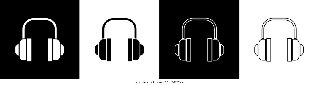 Set Headphones icon isolated on black and white background. Support customer service, hotline, call center, faq, maintenance.  Vector Illustration