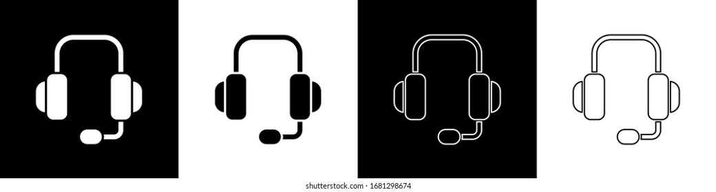 Set Headphones icon isolated on black and white background. Support customer service, hotline, call center, faq, maintenance.  Vector Illustration