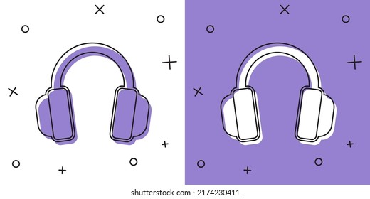 Legen Sie Kopfhörer-Symbol einzeln auf weißem und violettem Hintergrund fest. Erdhörer. Konzept für Musikhören, Service, Kommunikation und Bedienung.  Vektorgrafik