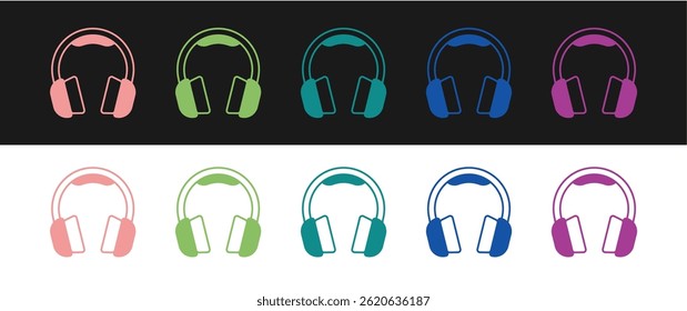 Set Headphones icon isolated on black and white background. Earphones. Concept for listening to music, service, communication and operator.  Vector