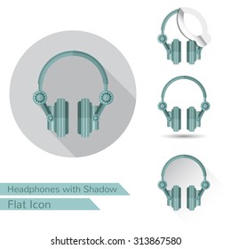 set of headphones icons in flat style with different shadow. Oval shadow, long shadow
