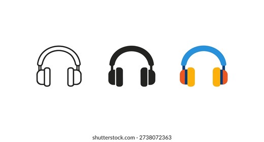 Set of headphones icons in outline, solid, and color styles.