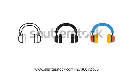 Set of headphones icons in outline, solid, and color styles.