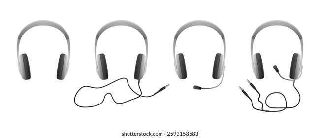 Set of  headphones icons. Wireless and corded earphones. Headset with microphone for gaming, support. Gadget for listening to music. Vector illustration isolated on white background.