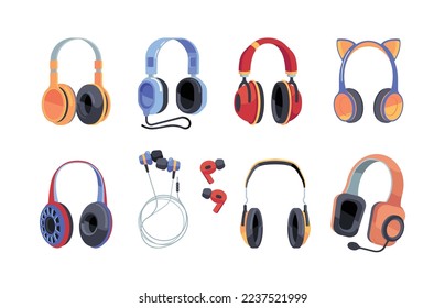 Set of Headphones Isolated on White Background. Wired and Wireless Earphones, Audio Equipment for Music Listening. Earbuds for Smartphone and Electronic Devices, Accessory. Cartoon Vector Illustration