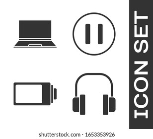 Set Headphones, Laptop, Battery charge level indicator and Pause button icon. Vector