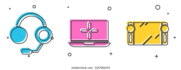 Set Headphones, Laptop and Portable video game console icon. Vector