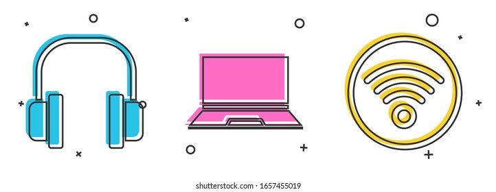 Set Headphones, Laptop and Wi-Fi wireless internet network icon. Vector