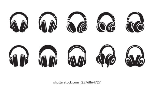 A set of headphones linear icon. Graphic web label of earphone. Sound symbol. Device for listening to music. Button or sign for online shop, sites and mobile app interfaces. Customer service, support