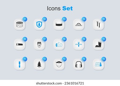 Set Headphones, Lumberjack, Shield with tree, Chisel tool, Wooden log, Waterproof rubber boot, logs and  icon. Vector