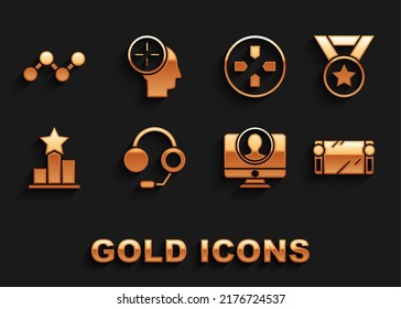 Set Headphones, Medal, Portable video game console, Create account screen, Star, Gamepad, Share and hunting concept icon. Vector