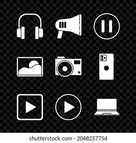 Set Headphones, Megaphone, Pause button, Play in square, circle, Laptop, Picture landscape and Photo camera icon. Vector