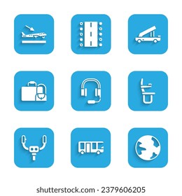 Set Headphones with microphone, Airport bus, Worldwide, Airplane seat, Aircraft steering helm, Suitcase, Passenger ladder and Plane landing icon. Vector