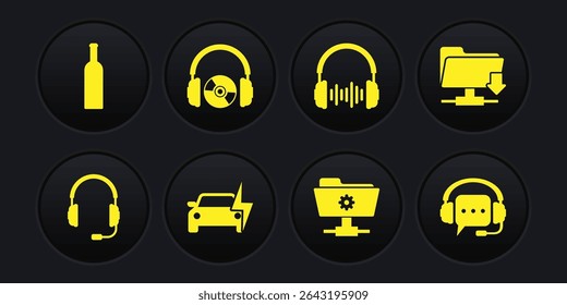 Set Headphones with microphone, FTP folder download, Electric car, settings, and sound waves and CD or DVD icon. Vector
