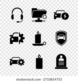 Auriculares con micrófono, actualización de sincronización FTP, coche eléctrico, servicio de coche, vela ardiente y Tombstone RIP icono escrito. Vector