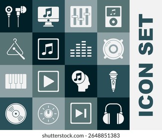 Set Headphones, Microphone, Stereo speaker, Sound mixer controller, Music note, tone, Triangle musical instrument, Air headphones and equalizer icon. Vector