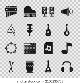 Set Headphones, Music note, tone, Banjo, Stereo speaker, Microphone, Triangle, Pan flute and Guitar icon. Vector