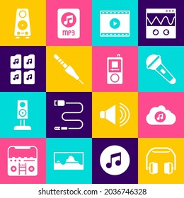 Set Headphones, Music streaming service, Microphone, Online play video, Audio jack, file document, Stereo speaker and player icon. Vector