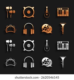 Set Headphones, Music synthesizer, Drum and drum sticks, note, tone, Tambourine, Guitar, Air headphones and Stereo speaker icon. Vector
