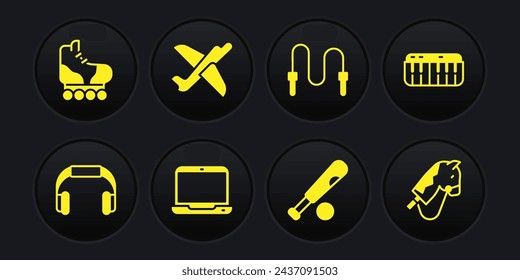 Set Headphones, Music synthesizer, Laptop, Baseball bat with ball, Jump rope, Toy plane, horse and Roller skate icon. Vector