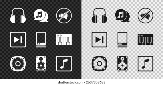 Set Headphones, Musical note in speech bubble, Speaker mute, Stereo speaker, note, tone, Fast forward and Voice assistant icon. Vector