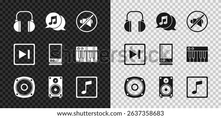 Set Headphones, Musical note in speech bubble, Speaker mute, Stereo speaker, note, tone, Fast forward and Voice assistant icon. Vector