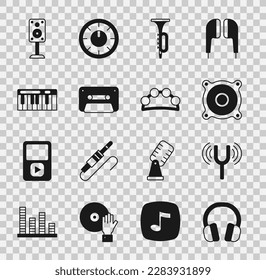 Set Headphones, Musical tuning fork, Stereo speaker, Trumpet, Retro audio cassette tape, synthesizer,  and Tambourine icon. Vector